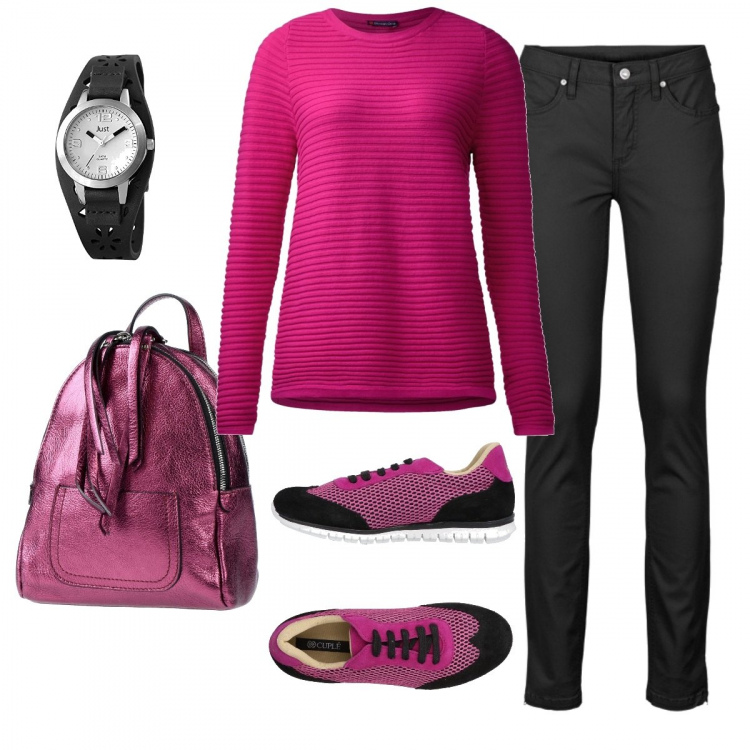 Outfit donna - Appariscente. Stile Basic per Tutti i giorni. Abbinamento con jeans, sneakers tennis, borsa, maglione rosa, orologi.