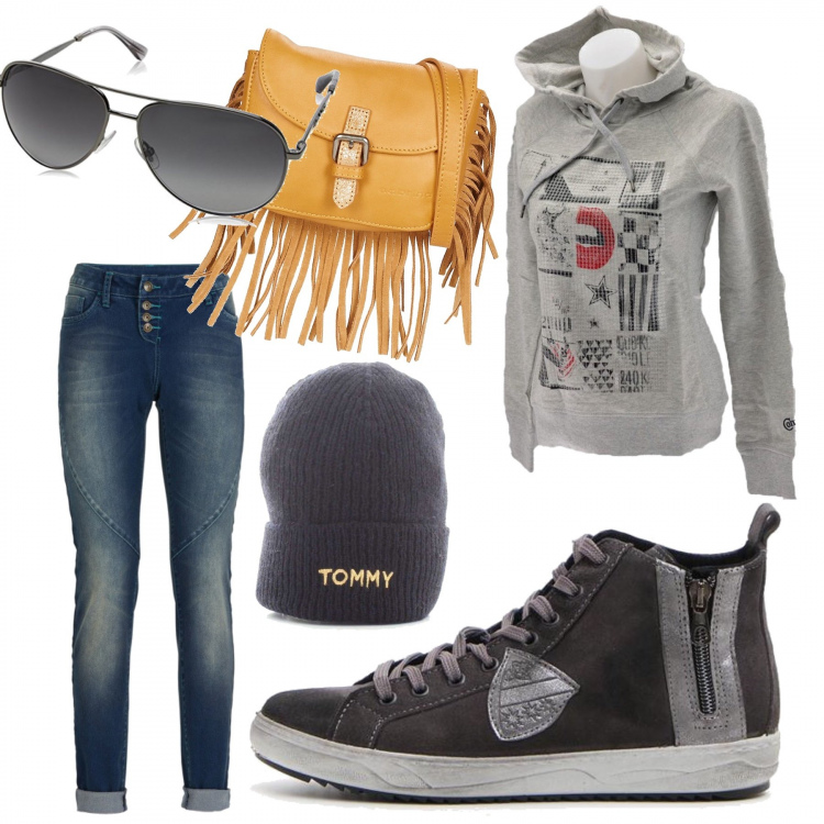 Outfit donna - In movimento. Stile Urban per Tutti i giorni. Abbinamento con jeans boyfriend, felpa grigio, berretti, marsupio, sneakers con zip, occhiali da sole.