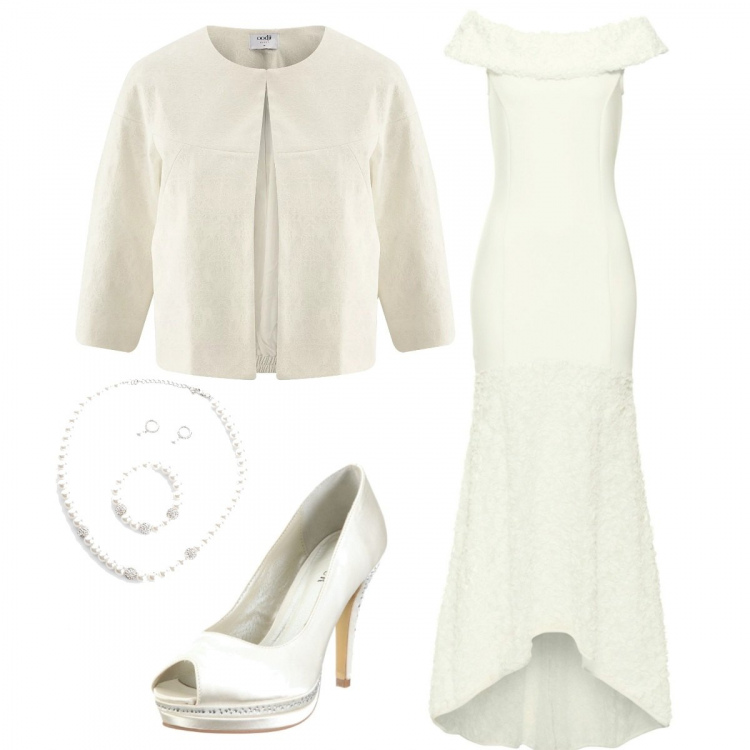 Outfit donna - Sposa low coast. Stile Chic per Cerimonia. Abbinamento con costumi interi, collane, blazer jacquard bianco, scarpe con tacco avorio.