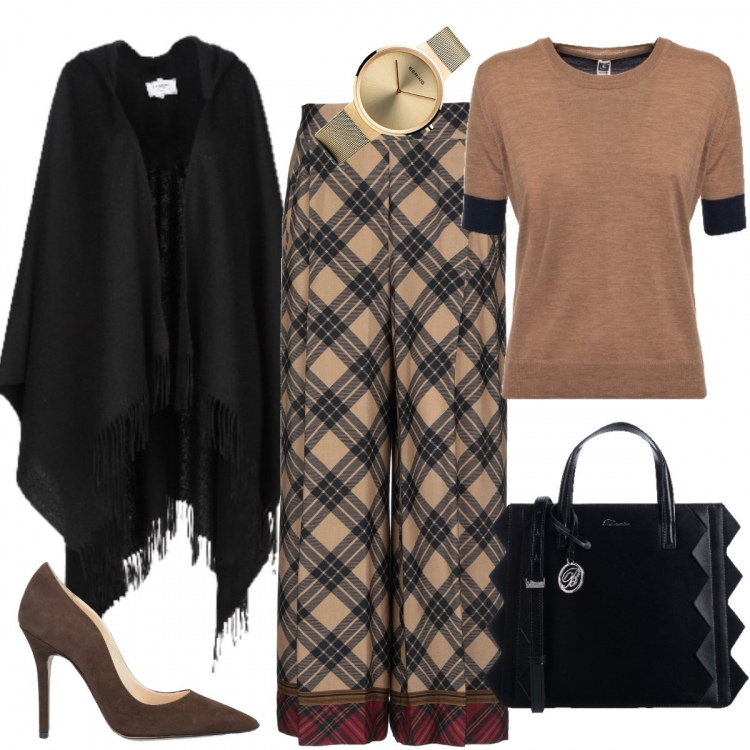 Outfit donna - Pantalone a quadri. Stile Chic per Ufficio. Abbinamento con gonna lunga fantasia con zip interno sfoderato in viscosa crêpe, borse a mano, zeppe, mantella senza tasche con frange collo tondo interno sfoderato in flanella monopetto, maglia girocollo a maniche corte beige, orologio analogico con cinturino effetto lucido in acciaio inox oro.