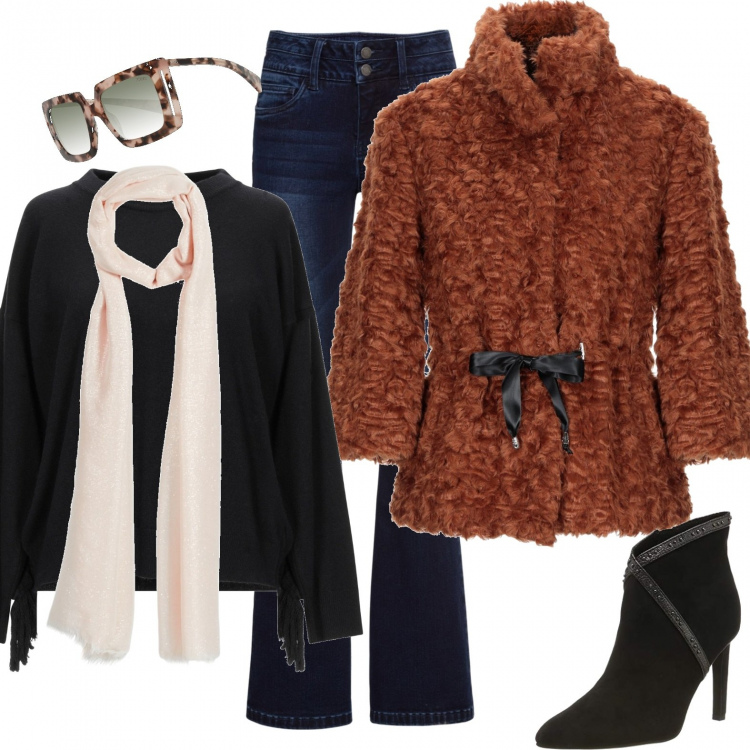Outfit donna - Curvy Nuance Novembre. Stile Basic per Tutti i giorni. look ideale per Petite. Abbinamento con jeans bootcut, ecopelliccia, pullover senza tasche lavorato a maglia collo tondo a maniche lunghe tinta unita, sciarpe, stivaletti nero, occhiali da sole.