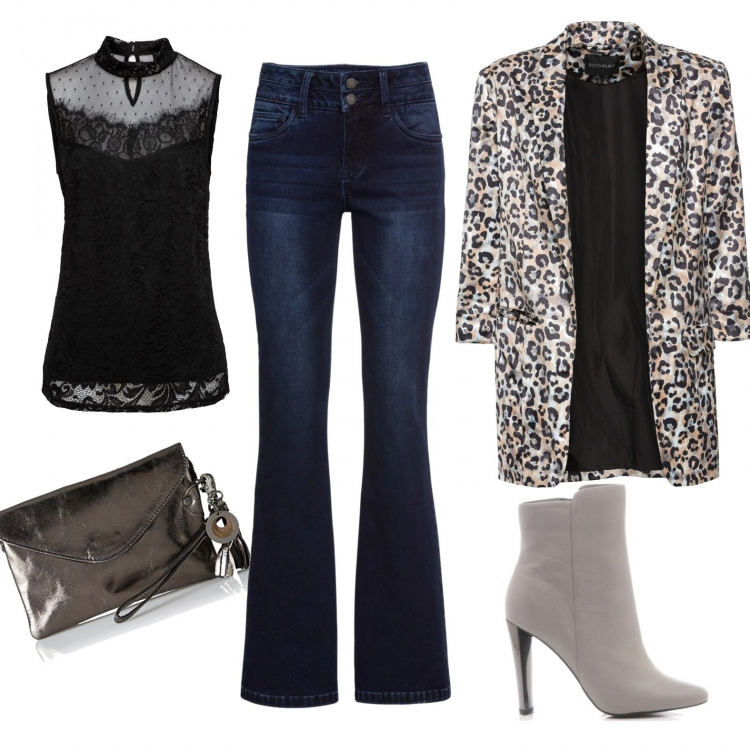 Outfit donna - Curvy NOonlyblack. Stile Rock per Tutti i giorni. Abbinamento con jeans bootcut, top con pizzo e scollo con spacco nero, blazer, stivaletti grigio, pochette.