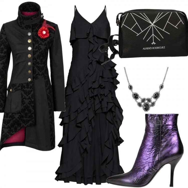 Outfit donna - Un po\' strega, ma sempre donna. Stile Trendy per Serata fuori. Abbinamento con bluse, cappotti, borsa a tracolla, stivaletti made italy effetto metallizzato con tacco spillo e zip, collana.