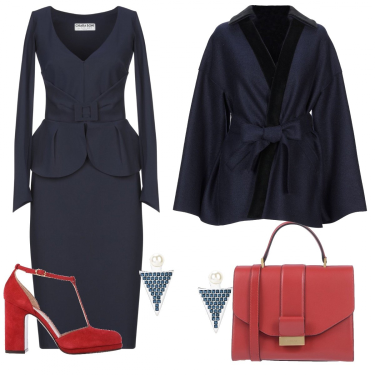 Outfit mujer - Ceremonia otoñal. Estilo Bon Ton para Ceremonia. Combinación con vestito petite a tubo jersey, cappotto in lana, bailarinas y zapatos planos, borsa a tracolla mini, pendientes con strass.