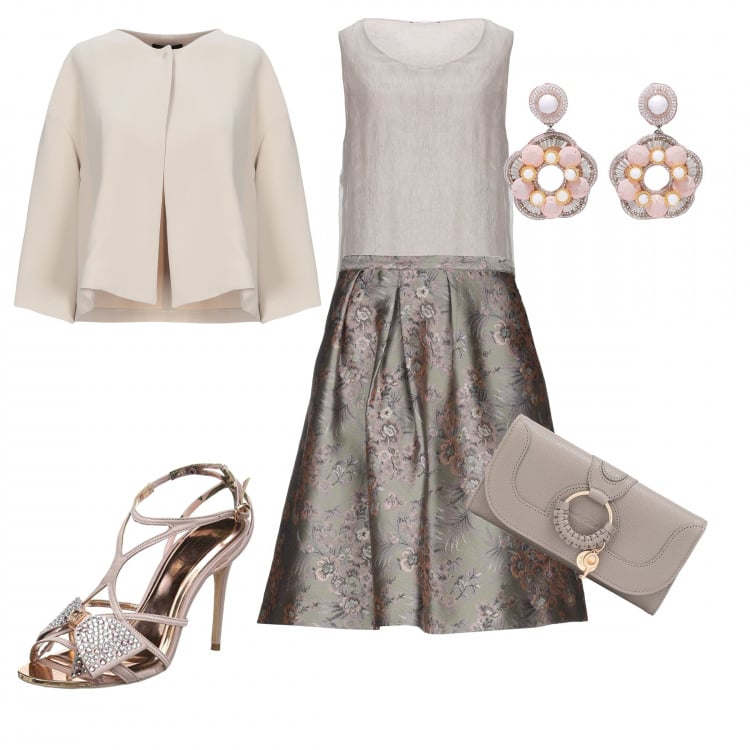 Outfit mujer - Ceremonia de día. para Ceremonia. Combinación con sandali effetto satinato con tacco rosa, gonna fantasia floreale jacquard, top, blazers, pendientes, portamonete.