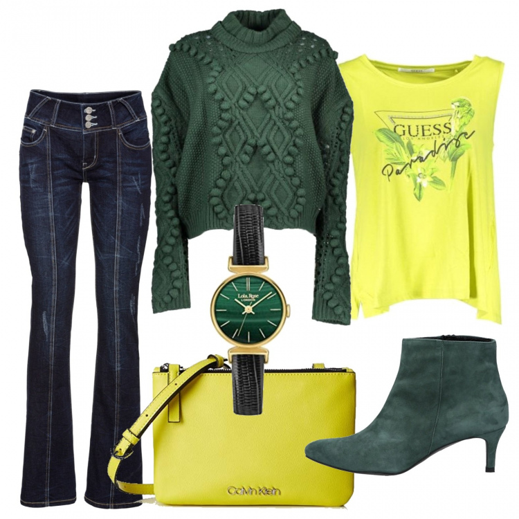 Outfit donna - Giornata autunnale in verde e giallo. Stile Trendy per Ufficio. Abbinamento con jeans bootcut, stivaletti effetto scamosciato con zip a punta tinta unita, maglioni, canottiera a portafoglio con stampa e scollo verde, borsa a tracolla, orologio analogico rosa.