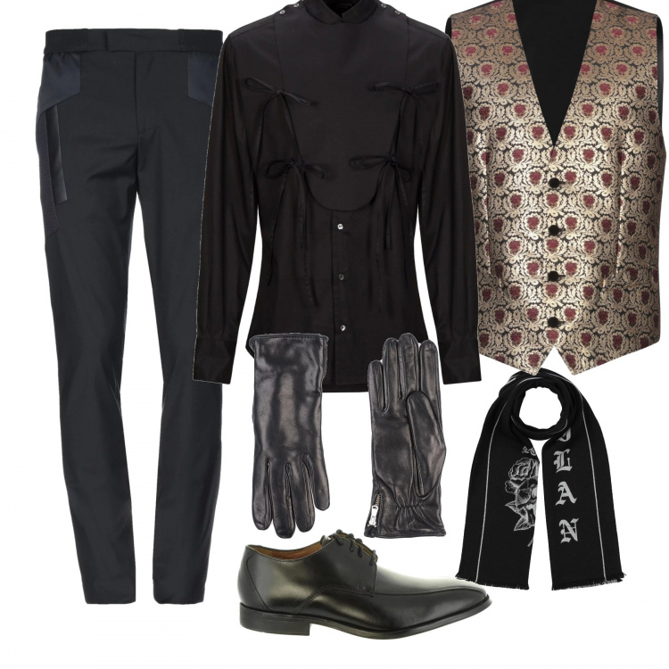 Outfit uomo - Halloween anche per l\'uomo. Stile Trendy per Serata speciale. Abbinamento con camicia senza tasche collo coreana a maniche lunghe con laccetti tinta unita, pantalone con zip in tessuto tecnico tinta unita, giacca a panciotto, sciarpa fantasia con frange in flanella, guanti con zip interno foderato tinta unita, scarpe in pelle nero.