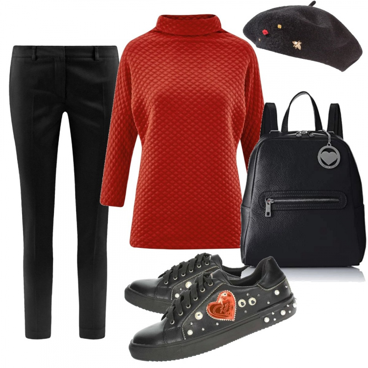 Outfit donna - Caldo e avvolgente. Stile Basic per Tutti i giorni. Abbinamento con cappelli e berretti, scarpe nero, maglione effetto testurizzato rosso, pantalone a punta aderente nero, zaino nero.