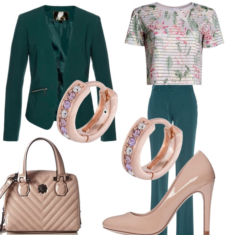 Outfit donna - Verde e cipria. Stile Basic per Ufficio. Abbinamento con blazer, costumi interi, orecchini, t-shirt a righe aderente rosa, scarpe con tacco rosa, borse a mano.