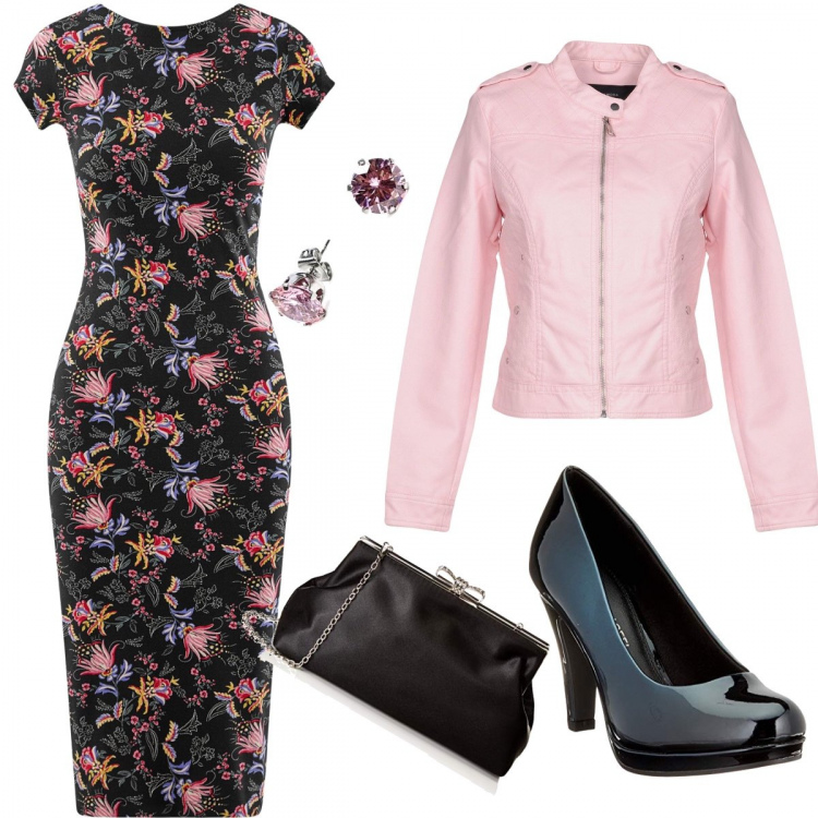 Outfit mujer - Invitada boda primaveral. Estilo Sexy para Ceremonia. Combinación con vestito midi a tubo fantasia floreale, zapatos de tacón navy, clutch nero, pendientes, giacca.