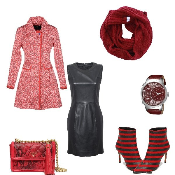 Outfit donna - Nero e rosso. Stile Rock per Tutti i giorni. Abbinamento con cappotto, sciarpe, vestiti, stivaletti rosso e nero, orologio analogico argento, borsa a tracolla con frange e zip.