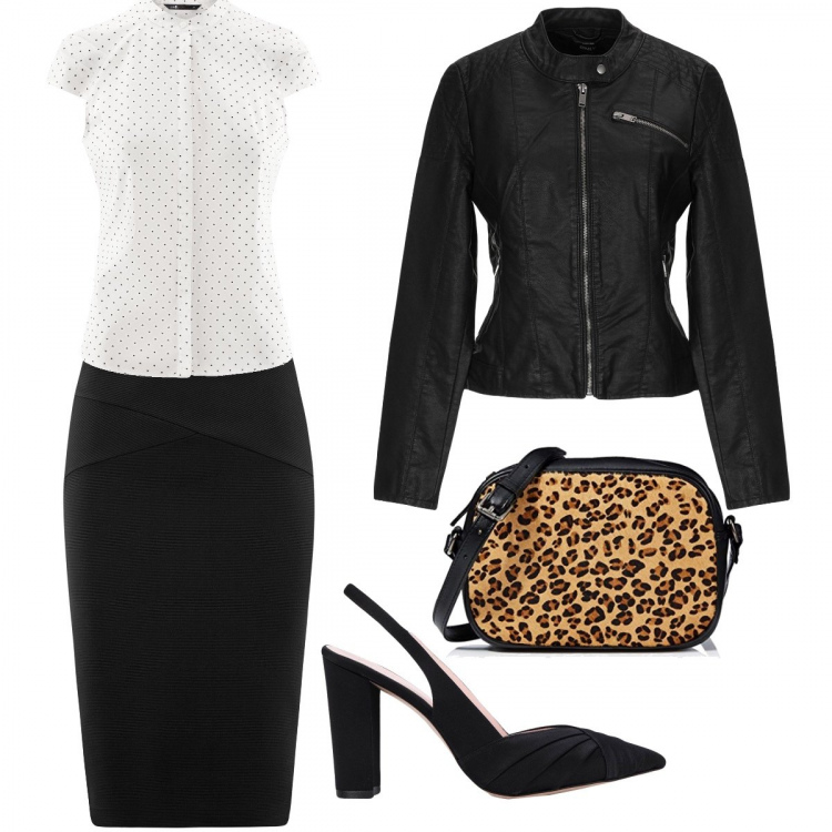 Outfit mujer - Para una cita especial. Estilo Chic para Noche/Fiesta elegante. Combinación con cintura midi, blusa, borsa a tracolla, giacca in viscosa, bailarinas y zapatos planos.