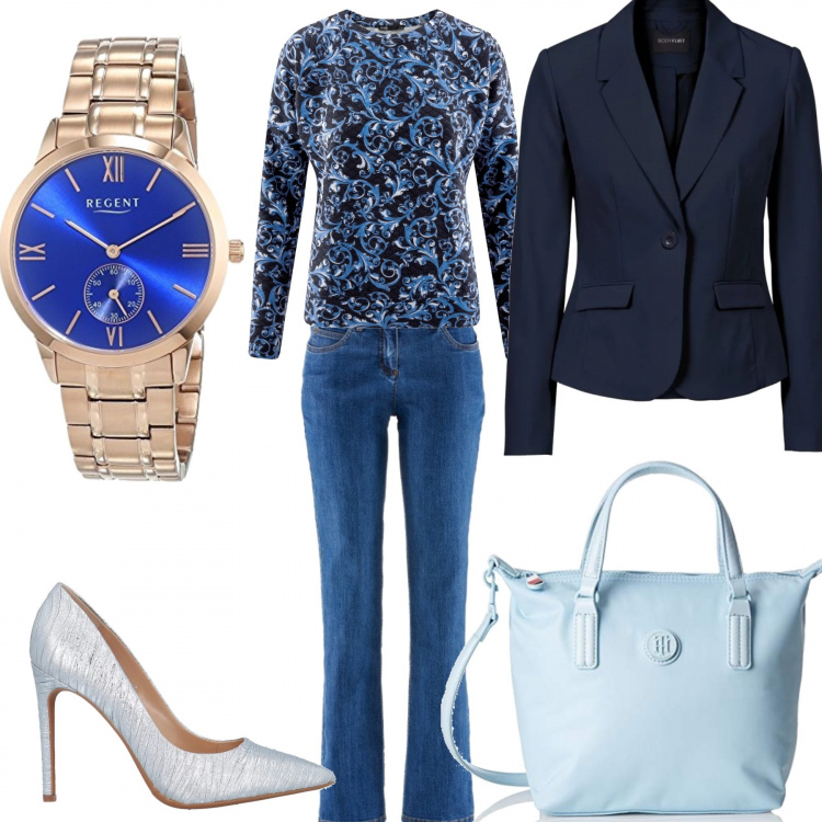 Outfit donna - Blazer e jeans per l\'ufficio. Stile Basic per Ufficio. Abbinamento con blazer, jeans dritti, décolleté, maglioni, borse tote, orologi.