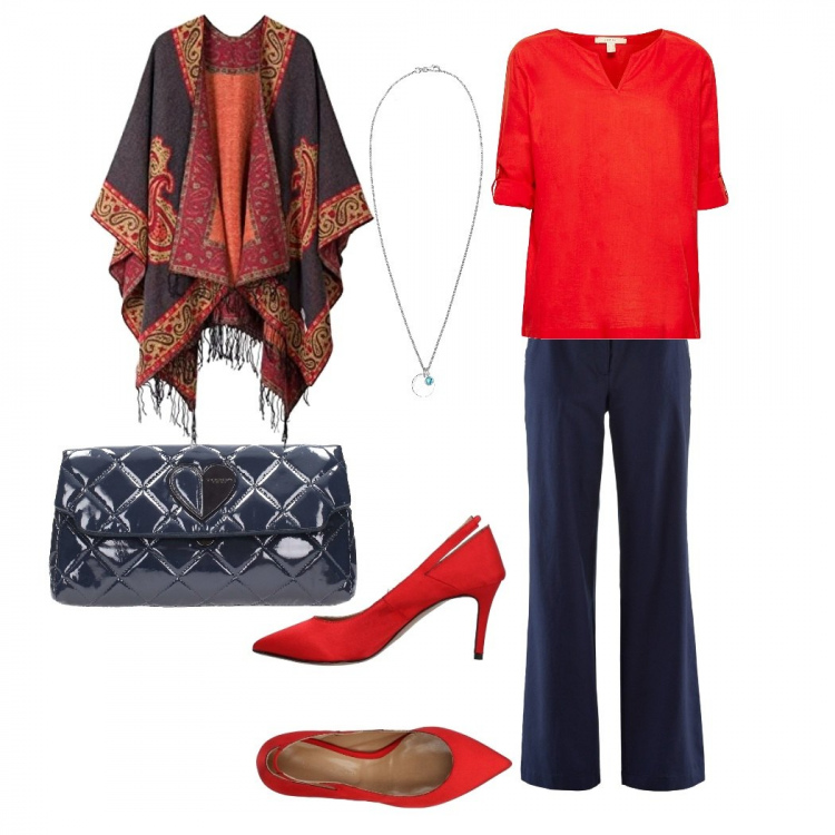 Outfit donna - Trendy, serata tra mici. Stile Trendy per Serata fuori. Abbinamento con décolleté a punta in flanella tinta unita, pantaloni, shopping bag blu, blusa con spacco e scollo taglio dritto rosso, poncio, collane.