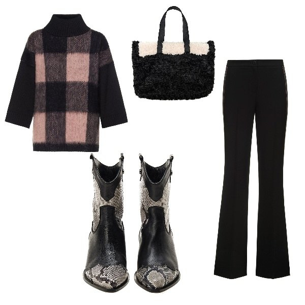 Outfit donna - Primi freddi. Stile Basic per Tutti i giorni. Abbinamento con pantalone a zampa contrasto con cinturino nero, maglia forma asimmetrica spacchi laterali a quadri collo alto in mohair rosa, stivaletti nero e bianco, shopping bag maxi contrasto made italy bianco e nero.