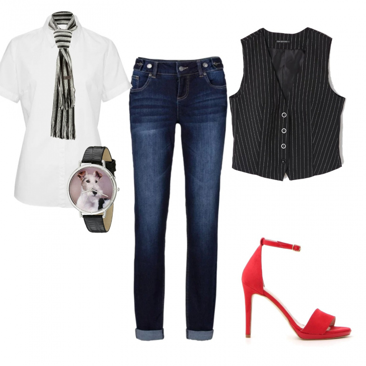 Outfit donna - Corallo day. Stile Urban per Ufficio. Abbinamento con jeans boyfriend, camicie a manica corta, gilet nero, sciarpe, sandali, orologio.