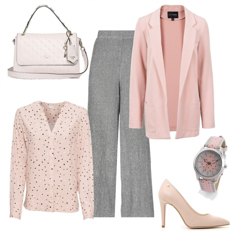Outfit donna - Giacca over rosa. Stile Bon Ton per Ufficio. Abbinamento con pantalone plissè vita alta crêpe, vestiti corti, camicie, orologio a pois con fibbia in pelle sintetica grigio e rosa e argento, décolleté, borsa a mano con zip e tracolla regolabile grigio.
