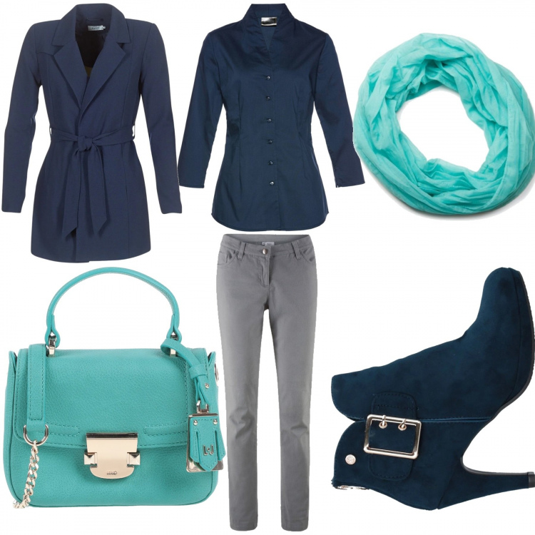 Outfit donna - Un tocco di turchese. Stile Urban per Ufficio. Abbinamento con stivaletti effetto scamosciato con fibbia interno foderato con punta tonda tinta unita, borsa a mano mini con manico a scatto interno foderato in pelle sintetica tinta unita, camicie, pantaloni, trench blu, sciarpa tinta unita turchese.