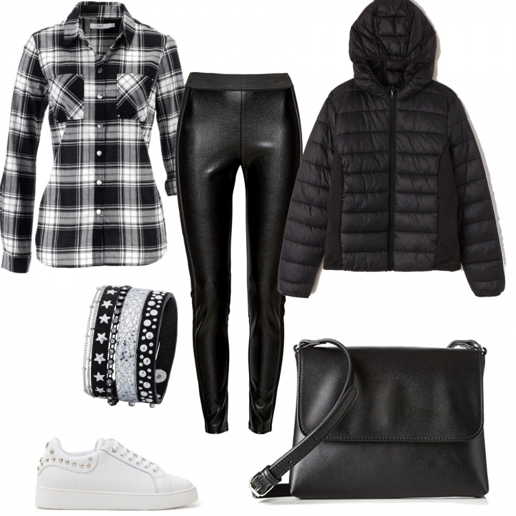 Outfit donna - Domenica dai nonni. Stile Trendy per Tutti i giorni. Abbinamento con camicie, jeans slim fit, piumino con cappuccio a maniche lunghe con zip nero, pantalone nero, corpo, sneakers.