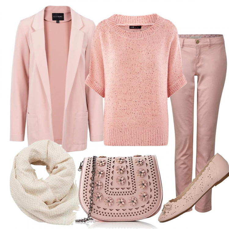Outfit donna - Cipria per iniziare. Stile Trendy per Tutti i giorni. Abbinamento con vestiti corti, ballerine rosa, maglione con paillettes aderente rosa, pochette, pantaloni, sciarpa taglia unica beige e grigio.