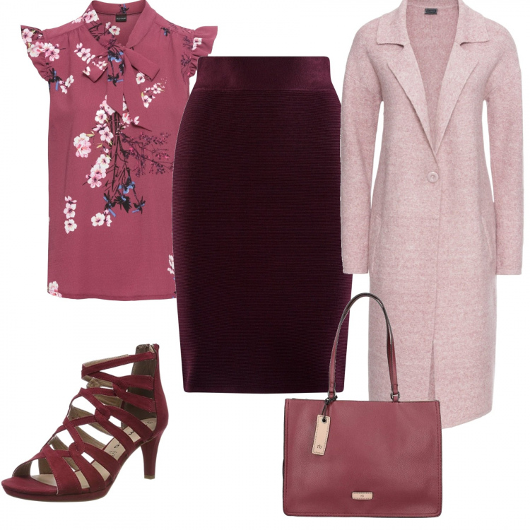 Outfit donna - Femminile in rosa. Stile Bon Ton per Scuola/Università. Abbinamento con cappotti, bluse, borsa a tracolla rosso, gonne lunghe, sandali con cinturino viola.