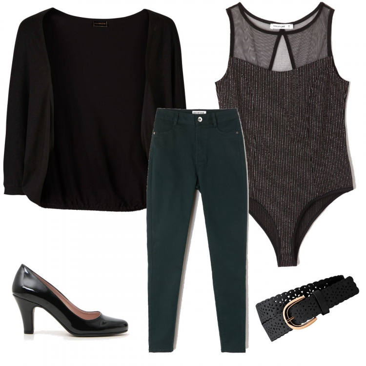 Outfit donna - Chic #16356. Stile Chic per Serata fuori. Abbinamento con vestiti midi/longuette, cinture, pantalone vita alta tinta unita verde, body in tulle nero, décolleté.
