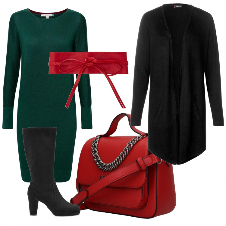 Outfit donna - A pranzo con amiche. Stile Trendy per Serata fuori. Abbinamento con stivali, borse a mano, vestito a coste girocollo in in maglia verde, cinture, cardigan nero.