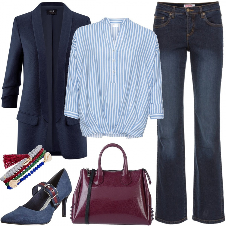 Outfit donna - Monday style. Stile Basic per Ufficio. Abbinamento con jeans dritti, t-shirt, foulard, borsa a mano con borchie taglia media con zip tinta unita, blazer aderente blu, mocassini navy.