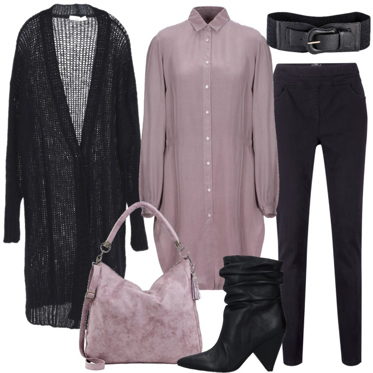 Outfit donna - In lungo. Stile Rock per Tutti i giorni. Abbinamento con cinture, pantaloni skinny, camicia collo classico a maniche lunghe in cupro tinta unita, stivaletti a punta tinta unita, cardigan lavorato a maglia scollatura profonda a maniche lunghe in mohair tinta unita, shopping bag con zip viola.