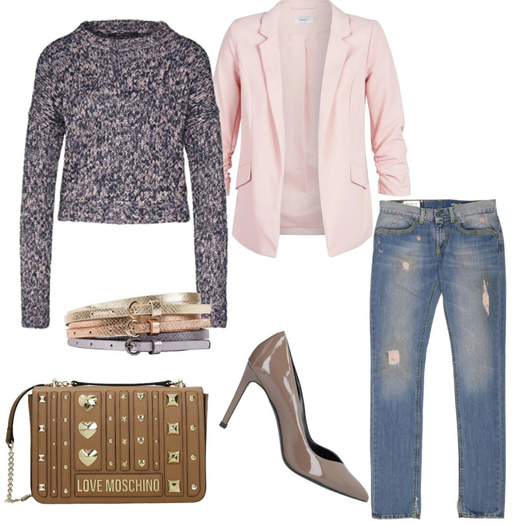 Outfit donna - Mi bastano un paio di tacchi. Stile Trendy per Serata fuori. Abbinamento con cinture, décolleté effetto vernice a punta tinta unita, borse a spalla, giacca rosa, jeans con zip in denim blu, pullover.