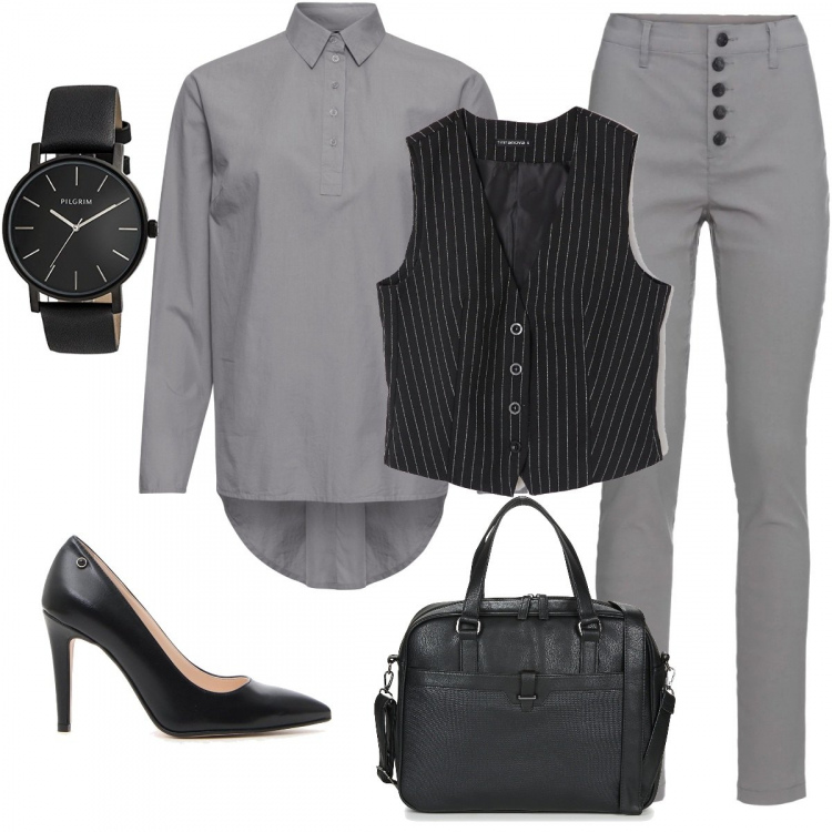 Outfit donna - MONDAYSTYLE mannish. Stile Basic per Ufficio. Abbinamento con pantaloni chino, tunica collo aperto grigio, gilet nero, portacomputer nero, décolleté, orologio analogico con cinturino.