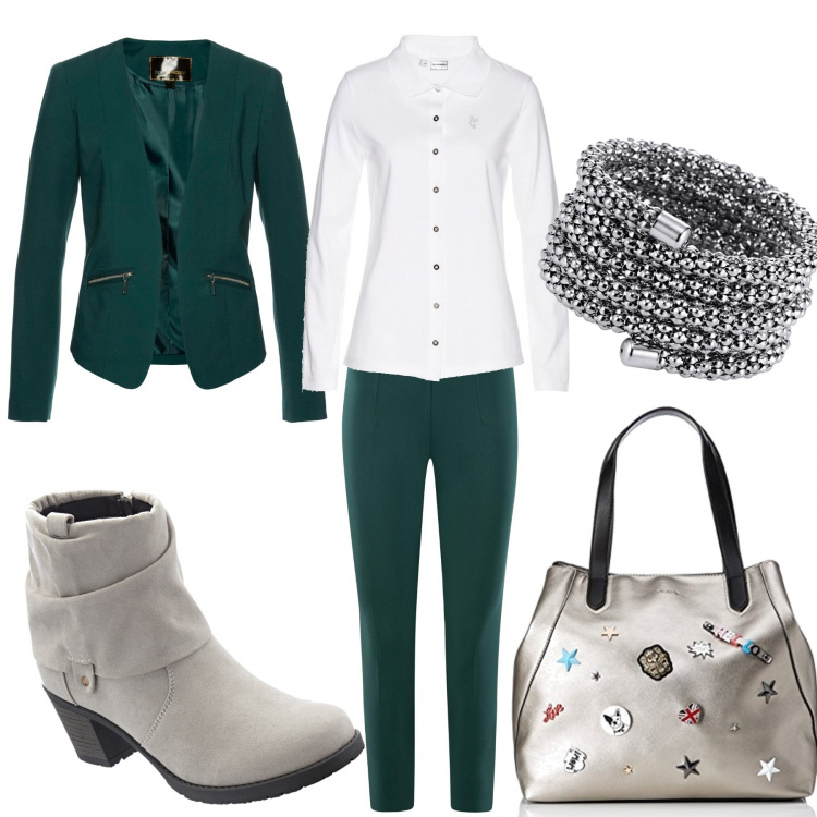 Outfit donna - Verde e grigio perla. Stile Basic per Ufficio. Abbinamento con blazer, maglietta bianco, stivaletti, bracciale con sfere argento, borsa a mano, pantaloni.
