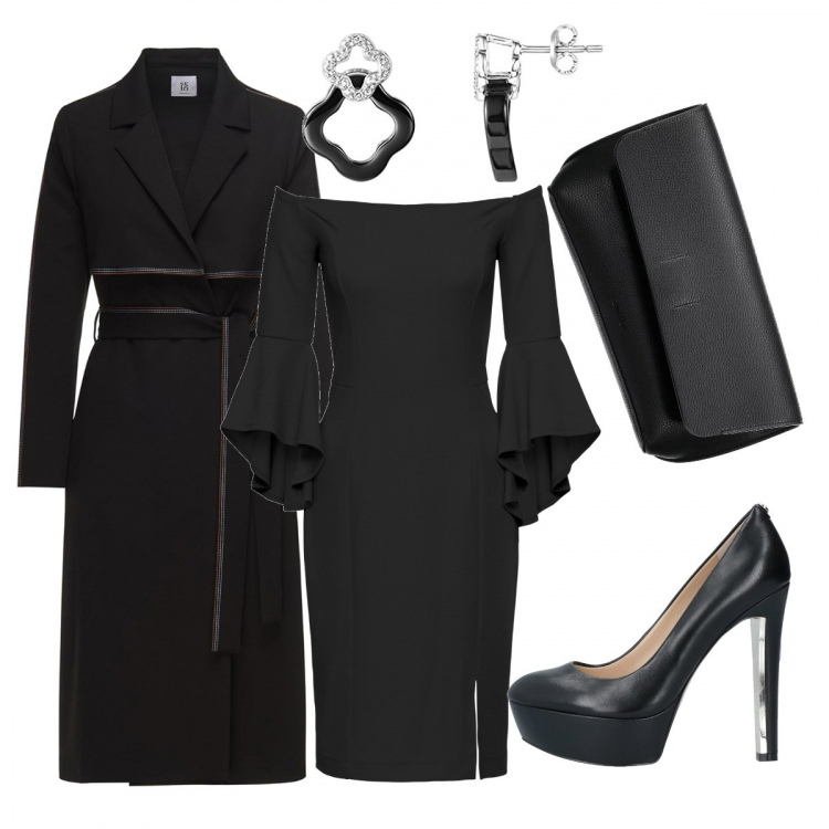 Outfit donna - Anniversario. Stile Sexy per Serata fuori. Abbinamento con vestiti midi/longuette, décolleté, cintura al ginocchio spacchi laterali contrasto nero, pochette, orecchini.