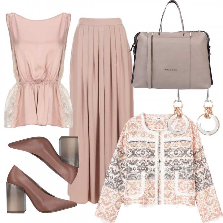 Outfit donna - Ufficio in rosa. Stile Bon Ton per Ufficio. look ideale per Petite. Abbinamento con top con pizzo senza maniche in raso con arricciature e pieghe, borsa da lavoro cartella taglia media con zip interno foderato tinta unita, décolleté con tacco geometrico a punta tinta unita, minigonne, blazer, orecchini.