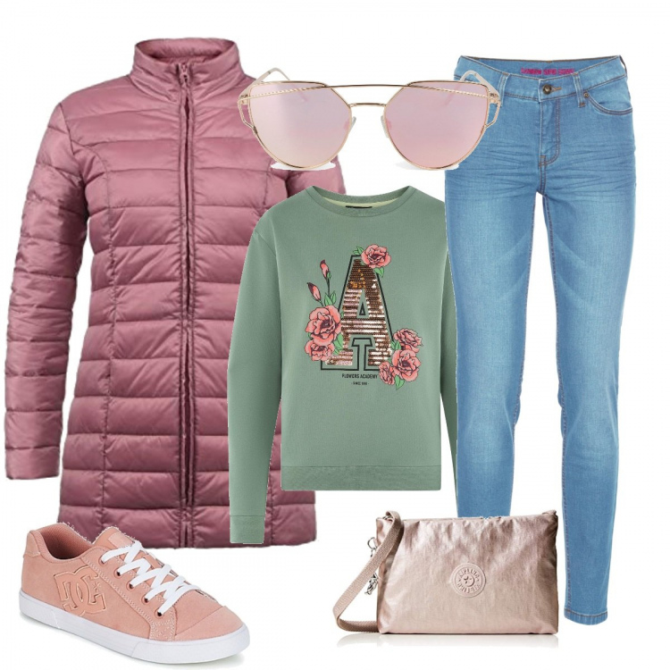 Outfit donna - Oggi al parco. Stile Trendy per Tutti i giorni. Abbinamento con jeans skinny, scarpe chelsea rosa, parka, felpa sport con stampa e paillettes con scollo aderente verde, borsa a tracolla, occhiali da sole.