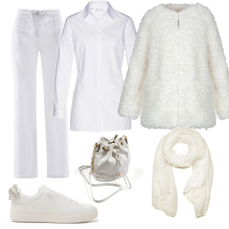 Outfit donna - Jill snder, comfort e monocolore. Stile Urban per Tutti i giorni. Abbinamento con pantaloni a palazzo, camicetta lunga spacchi laterali bianco, ecopelliccia, sneakers, foulard tinta unita bianco, borse a mano.