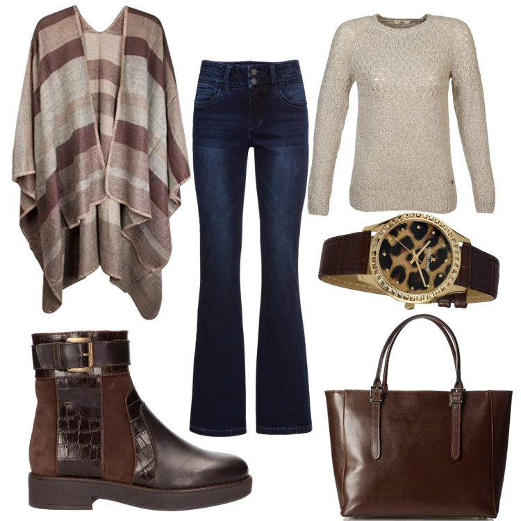 Outfit donna - In marrone. Stile Trendy per Tutti i giorni. Abbinamento con jeans bootcut, borsa marrone, maglione beige, orologi, poncio a righe, shopping bag marrone.