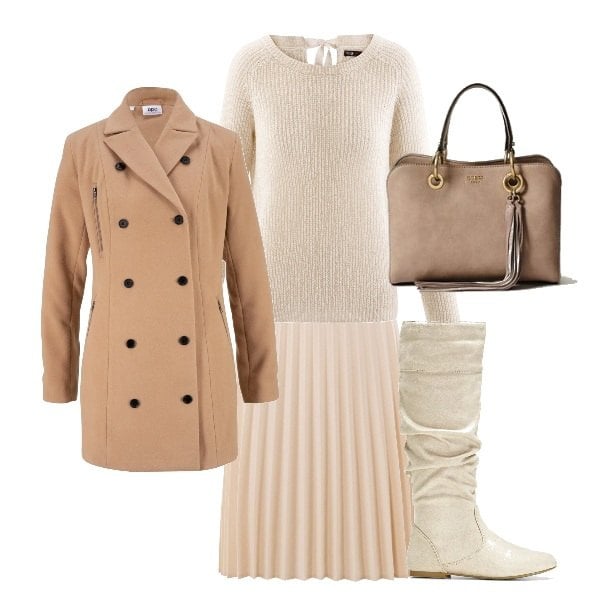 Outfit donna - Jill Snder. Stile Bon Ton per Tutti i giorni. Abbinamento con stivali, vestiti midi/longuette, maglione, gonna al ginocchio plissè con zip e pieghe beige, borsa a mano con zip e tracolla regolabile beige.