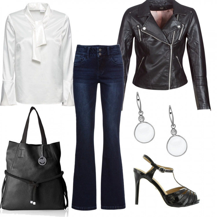 Outfit donna - Bianco e nero. Stile Rock per Serata fuori. Abbinamento con jeans bootcut, blusa, giacche, shopping bag nero, sandali in pelle, orecchini.
