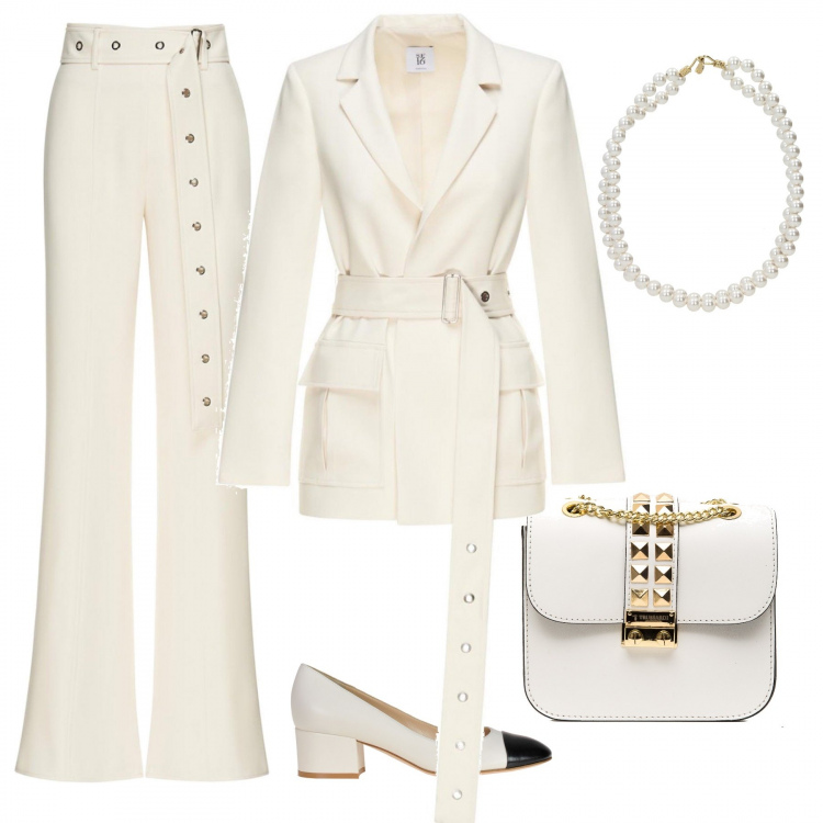 Outfit donna - Bianco. Stile Sexy per Cerimonia. look ideale per Tall. Abbinamento con collane, pantalone palazzo con cintura vita alta made italy argento, giacca cargo con cintura, blusa con volant bianco, borsa, décolleté made italy contrasto con punta tonda.