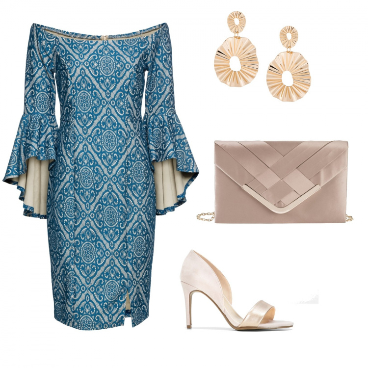 Outfit donna - Matrimonio no problem. Stile Chic per Cerimonia. Abbinamento con gonne, pigiama, sandali pumps effetto metallizzato con tacco alto e fasce rosa, orecchini con cerchi oro.