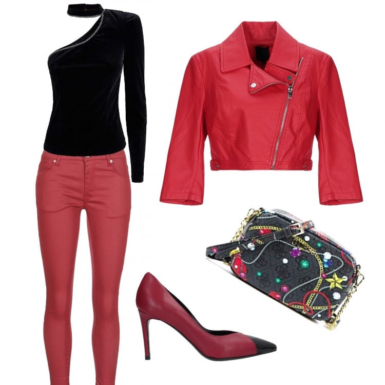 Outfit mujer - Vamos de concierto!!!!. Estilo Rock para Noche/Fiesta elegante. Combinación con top nero, borsa da viaggio, pantaloni, stiletti, giacca.