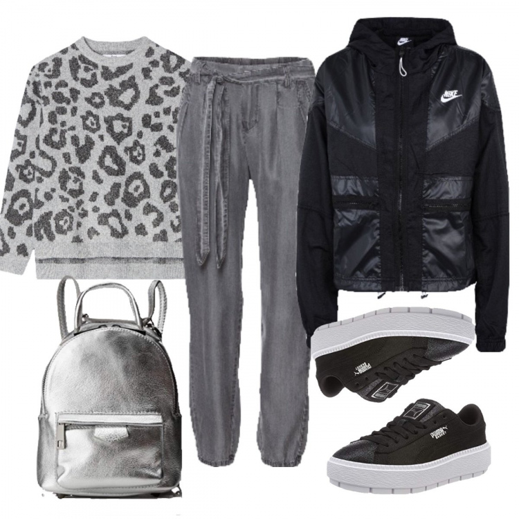 Outfit donna - Scuola o tempo libero. Stile Basic per Scuola/Università. Abbinamento con giubbotto con cappuccio a maniche lunghe interno foderato in tessuto tecnico tinta unita, pantaloni, pullover fantasia jacquard grigio, scarpe da ginnastica nero e argento, zaino argento.