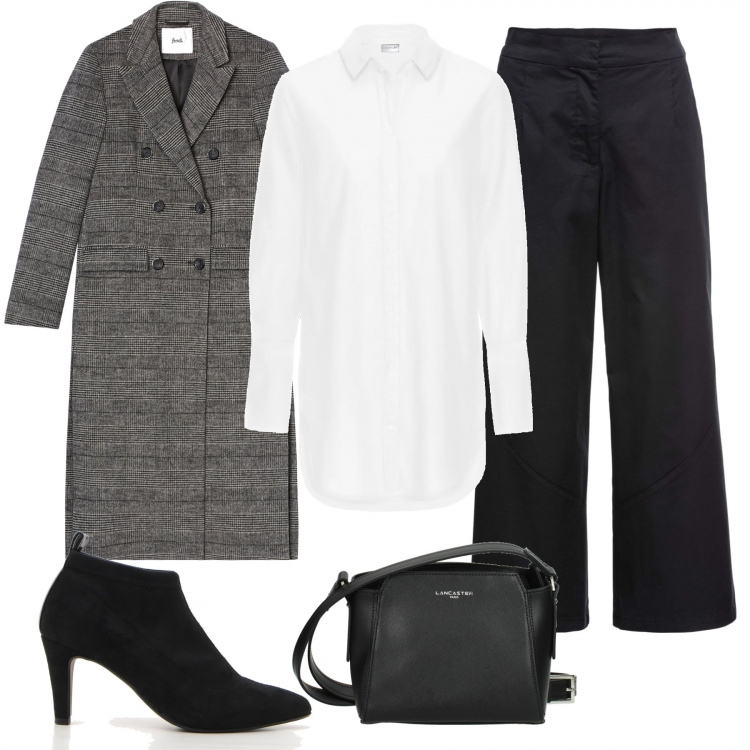 Outfit donna - Brand inspo Jill Sander. Stile Basic per Ufficio. Abbinamento con pantaloni culotte, camicie, borsa a tracolla con logo frontale nero, cappotti, stivaletti con stampa effetto scamosciato con tacco cono nero e rosso.