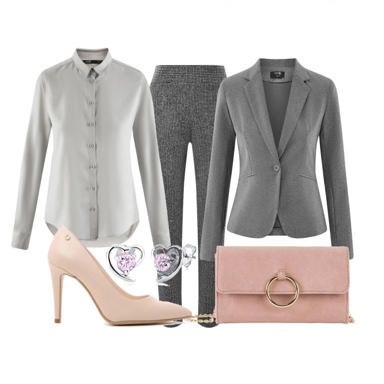 Outfit donna - Total Grey con un tocco di pink. Stile Trendy per Ufficio. Abbinamento con cappotti, pantaloni, blazer, camicia, décolleté, orecchini.