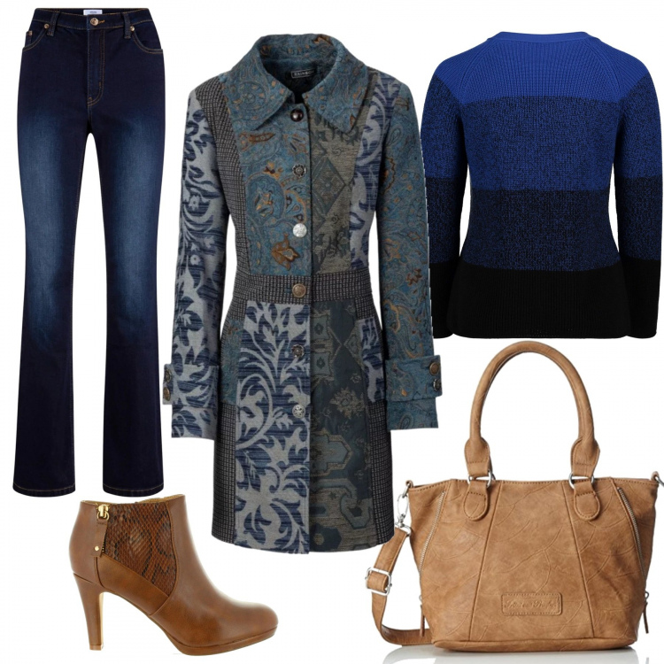 Outfit donna - Blù. Stile Urban per Tutti i giorni. Abbinamento con cappotti, jeans bootcut, stivaletti in pelle sintetica marrone, borse a spalla, felpa.