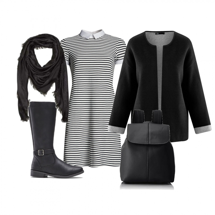 Outfit donna - Perfetta per il collegio. Stile Basic per Scuola/Università. Abbinamento con stivali, sciarpe, blazer, vestito mini a maniche corte aderente grigio, borsa zainetto nero.