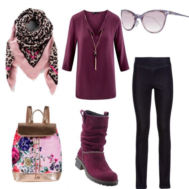 Outfit donna - Purple rain. Stile Trendy per Tutti i giorni. Abbinamento con foulard, stivali rosso, jeggings, zaino con coulisse e scomparti rosa, camicetta viola, occhiali da sole.