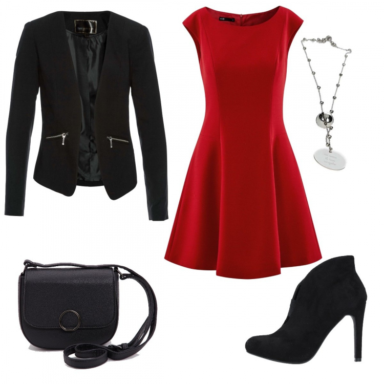 Outfit donna - Pronta per uscire. Stile Rock per Serata fuori. Abbinamento con blazer, stivaletti effetto scamosciato con tacco squadrato interno sfoderato con punta tonda tinta unita, borsa a tracolla effetto martellato in ecopelle tinta unita nero, collane, vestito con scollo aderente rosso.