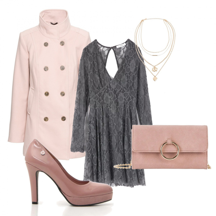 Outfit donna - Cenetta romantica. Stile Chic per Serata fuori. Abbinamento con cappotti, caban, collana, vestito forma svasata con pizzo e scollo a maniche lunghe tinta unita grigio, décolleté con plateau glitter con punta tonda.